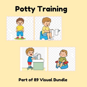 Op de afbeelding: Een lichtgele achtergrond met de woorden "Potty Training" in het zwart. Vier illustraties tonen de stappen van zindelijkheidstraining: staan, op een potje zitten, handen wassen en op een potje zitten. De tekst onderaan luidt "Part of 89 Visual Bundle."