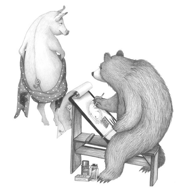 Stampa 8x10 del disegno della vita dell'orso e del maiale