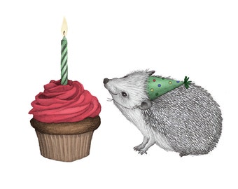 5x7" Illustrated giclee print of Birthday Hedgehog with Cupcake