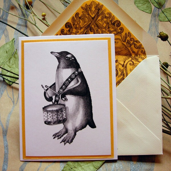 Set of 4 Notecards Musical Penguin with Drum (Gold)