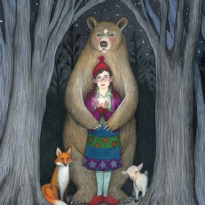 8x10 Giclee Print of Girl with Bear, Fox, Goat & Star