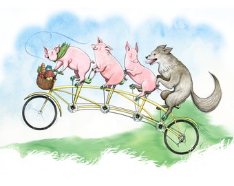 8x10" giclee print of Three Little Pigs and Big Bad Wolf Wolf