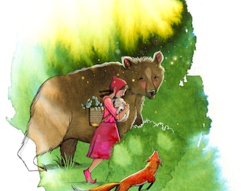 8x10 Giclee Illustrated Print of Perfect Day, with Girl, Bear, Fox, and Kid