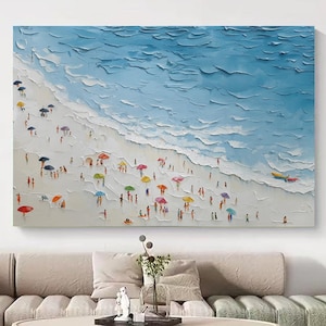 Happy Coast Painting Swimming Painting Custom Painting Texture Wall Art Personalized Gift Summer Art Costal Art Crowds on the Shore Painting