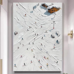 Original Abstract 3D Skiing Sports Art Abstract Hand Texture Wall Art Personalized Gift For Skiers White Ski Board Winter Skiing Painting