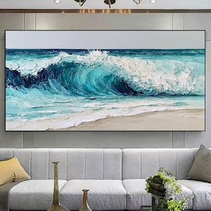 Grande dipinto a olio su tela con onde oceaniche in 3D, dipinto minimalista astratto blu, decorazione murale personalizzata con mare blu per soggiorno, regalo