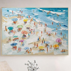 Happy Coast Painting Swimming Painting Custom Painting Texture Wall Art Personalized Gift Summer Art Costal Art Crowds on the Shore Painting