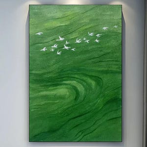 Large Green Abstract Painting Green Minimalist Wall Art White Dove Bird Painting Green 3d Textured Canvas Art Original Green Abstract Art