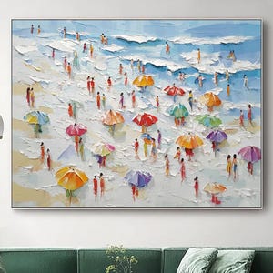 Summer Art Happy Coast Painting Swimming Painting Custom Painting Texture Wall Art Personalized Gift Costal Art Crowds on the Shore Painting