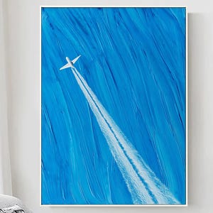 Large Airplane soaring Canvas Wall Art Blue Surf Wall Art Blue 3D Texture Painting Minimalist Art Blue Textured Painting Custom Work Gift