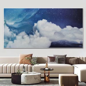 Große weiße Wolke Wand Kunst blaue Wand Kunst abstrakte Kunst Malerei minimalistische Wand Kunst Indigo Kunst blauer Himmel Wand Kunst Nacht Decor Himmel Gemälde