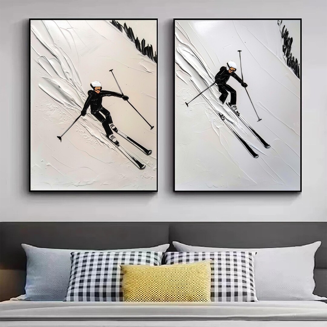Set of 2 Black and White Skiing Art 3D Plaster Style Textured Wall Art ...