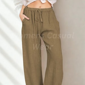 Women Linen Elastic Waist Palazzo Pants Soft Casual Loose Large Size Trousers Plus Size Pant Wide Leg High Waist Lounge Trousers With Pocket