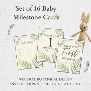 Cartes d'étape numériques pour bébé | Ensemble botanique neutre | Accessoires photo pour bébés eucalyptus et fougères | Jalons mensuels de la première année à imprimer