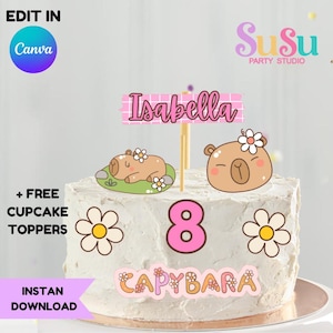 Editable Capybara Cake Topper: Printable Birthday Party Decor (Instant Download)