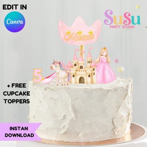 Bearbeitbarer süßer Prinzessin Cake Topper, druckbare rosa Prinzen Cupcake Toppers - Prinzessin Birthday Party Decor Instant Download