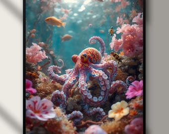 May include: A framed art print featuring a vibrant underwater scene. A colorful octopus with patterned skin is surrounded by coral, fish, and flowers. The artwork is set against a blue background, creating a lively and detailed aquatic display.