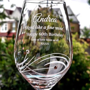 Gift For Her | Personalized Crystal Wine Glass: Engraved Spiral Design with Swarovski Crystals