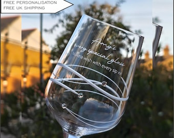 Gift For Her | Personalized Crystal Wine Glass: Engraved Spiral Design with Swarovski Crystals