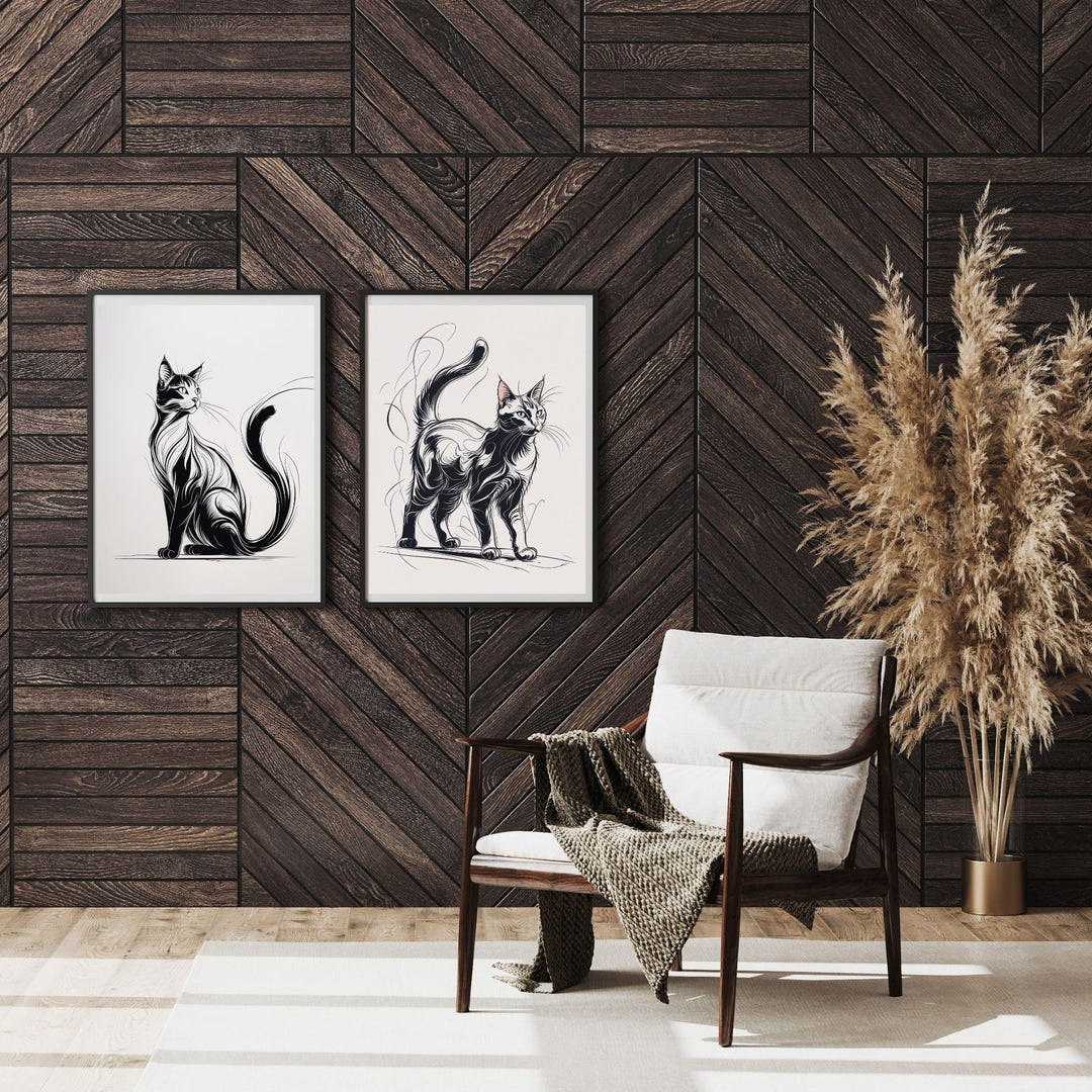 Feline Grace – Elegant Black & White Cat Line Art | Digital Wall Print ...