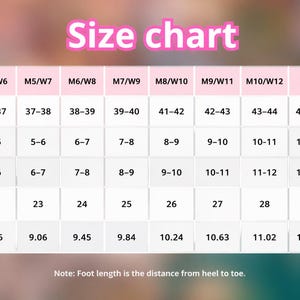 May include: A pink-toned size chart with white text. The chart includes EU, US Men's, and US Women's sizes, along with foot length in centimetres and inches. The text "Size chart" is at the top.