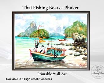 タイのプーケット、ピピ島の水彩画ウォールアート、印刷可能なデジタル 