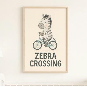 Zebra Crossing Nursery Print – Watercolor Baby Zebra on Bicycle – Funny Animal Wall Art – Pastel Nursery Poster – Instant Download