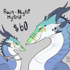 May include: Illustration of two stylized dragons, one larger and one smaller, in shades of blue, teal, and green. The text "Rain-Night Hybrid" and "$60" are visible. The dragons have a unique design with horns and patterned details.