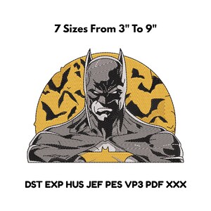 Könnte beinhalten: Gesticktes Batman-Design mit der Büste des Superhelden, vor einem gelben Hintergrund mit Fledermaus-Silhouetten. Erhältlich in 7 Größen, von 7,6 cm bis 22,9 cm. Das Bild enthält auch Informationen zum Dateiformat.