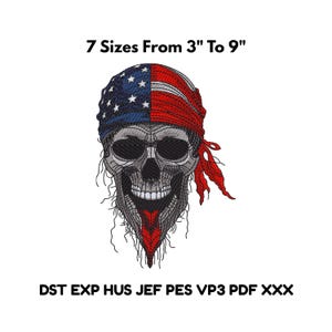 May include: Embroidered skull design with a bandana featuring the American flag. The design is available in 7 sizes, ranging from 3 to 9 inches. The design includes the text "7 Sizes From 3" To 9" and file types DST EXP HUS JEF PES VP3 PDF XXX.