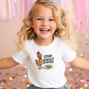 Funny chicken embroidery design on kids t shirt mockup I poop breakfast farm animal machine embroidery pattern