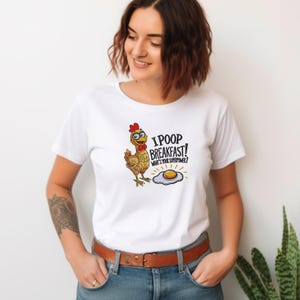 Funny chicken embroidery design on white t shirt mockup I poop breakfast farm chicken machine embroidery pattern