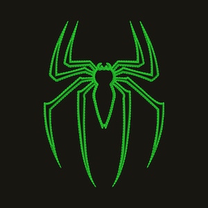 May include: A neon green embroidered spider emblem featuring a stylized, elongated body and eight sharp, pointed legs. The design is rendered with a visible stitch pattern against a solid black background, creating a high-contrast graphic.