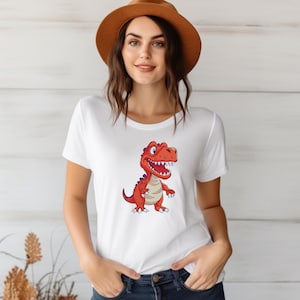 Woman wearing white t shirt with cartoon dinosaur embroidery design T rex machine embroidery pattern for kids clothing