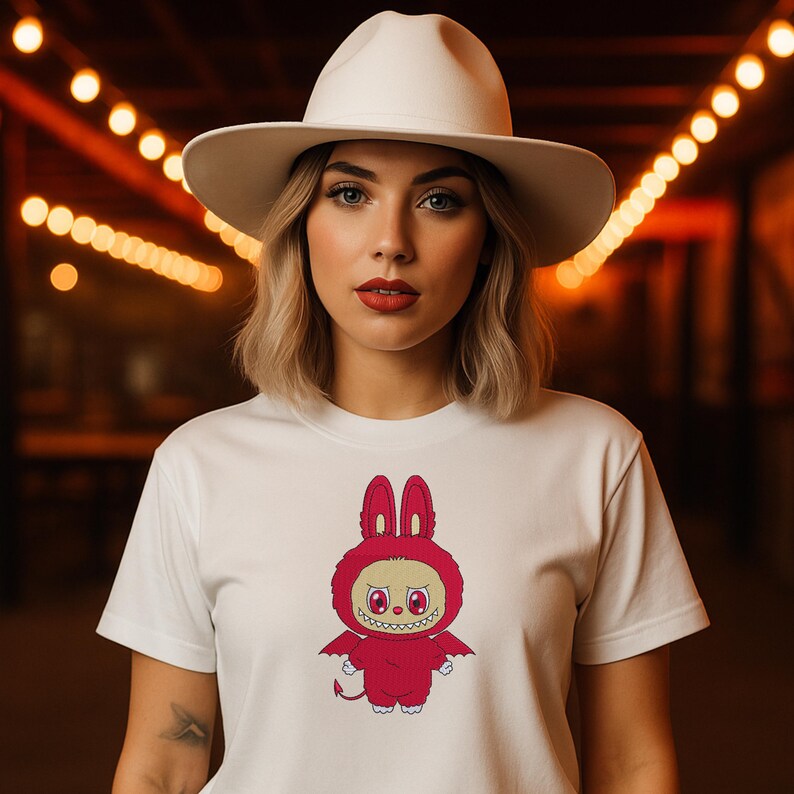 Woman wearing a white t-shirt featuring a red kawaii devil monster embroidery design with bunny ears, shown as a styled mockup for machine embroidery projects
