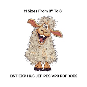 May include: A cartoon sheep with a wide grin, tan face, and fluffy white wool. The image includes the text "11 Sizes From 3" To 8"" and file type abbreviations. The sheep has brown hooves and ears, and is set against a white background.
