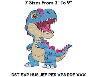 Cartoon Dinosaur Embroidery Design, T-Rex Machine Embroidery File - 7 Sizes