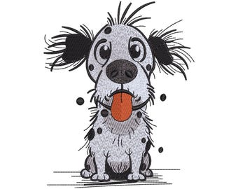 Grappig borduurpatroon van een gevlekte hond, schetsstijl puppy machineborduurwerk, 7 maten