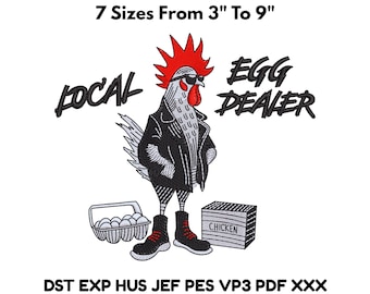 Funny Rooster Embroidery Design, Focal Egg Dealer Chicken File 7 Sizes 3-9 Inch