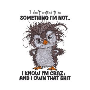 Op de afbeelding: Een borduurontwerp met een vogel met warrig haar die een bril draagt, met de tekst: I don't pretend to be SOMETHING I'M NOT.. I KNOW I'M CRAZ, AND I OWN THAT SHIT. De vogel heeft donkerbruine veren, een lichtgrijze borst en oranje voeten.