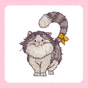 May include: A smiling, fluffy cat illustration with a gray and white coat, a curled tail, and a yellow bow. The cat has long whiskers and is set against a white background with a pink grid.
