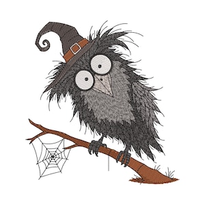 May include: An embroidered design of a shaggy black crow with large white eyes and a pointed beak, wearing a brown witch hat with a buckle. The crow is perched on a brown branch that features a white spiderweb hanging from the left side.