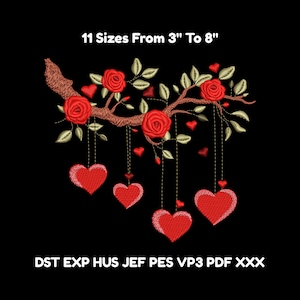 May include: An embroidered design featuring a brown branch with red roses and hanging red hearts on a black background. Text at the top reads "11 Sizes From 7.6 cm To 20.3 cm".