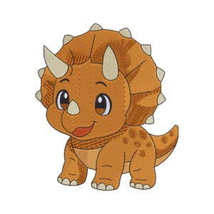 May include: An embroidered patch featuring a cartoon triceratops dinosaur in shades of brown and tan. The dinosaur has a large frill with light-colored spikes, three horns, a smiling mouth, and dark eyes with white highlights on its face.
