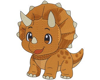Borduurpatroon van een baby-triceratops, cartoon dinosaurus borduurpatroon voor de borduurmachine, geschikt voor kinderen.