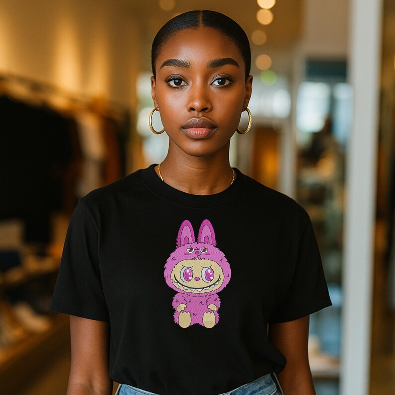 Woman wearing a black t-shirt featuring a pink kawaii monster embroidery design with bunny ears – mockup showing machine embroidery file in use