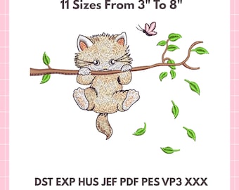 Motif de broderie chaton – fichier machine chat suspendu (3-8 pouces) (téléchargement instantané)