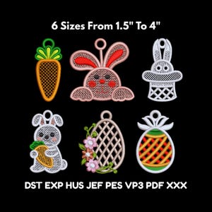 Puede incluir: Diseños bordados con temática de Pascua, incluyendo una zanahoria, conejos y un huevo, con tamaños de 3,8 a 10,2 cm. Los diseños son en blanco, naranja, rosa y verde, con el texto "6 Sizes From 1.5" To 4" y tipos de archivo.
