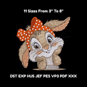 May include: Embroidered image of a cartoon bunny with a red polka-dot bow and headband. The text "11 Sizes From 3" To 8"" is above the bunny. Below the bunny are the file types: DST EXP HUS JEF PES VP3 PDF XXX.