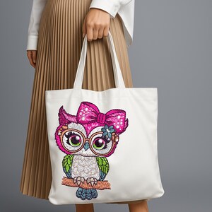 White tote bag with Pink Bow Owl Embroidery Design – Cute Digital Machine Embroidery File for Hoop Sizes 3 to 8 Inches